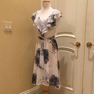 NWOT DKNY White , navy blue floral ruffle color dress